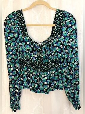 SO Black Floral Smocked Peplum Blouse | Long Sleeve Cottagecore Top |Size Medium